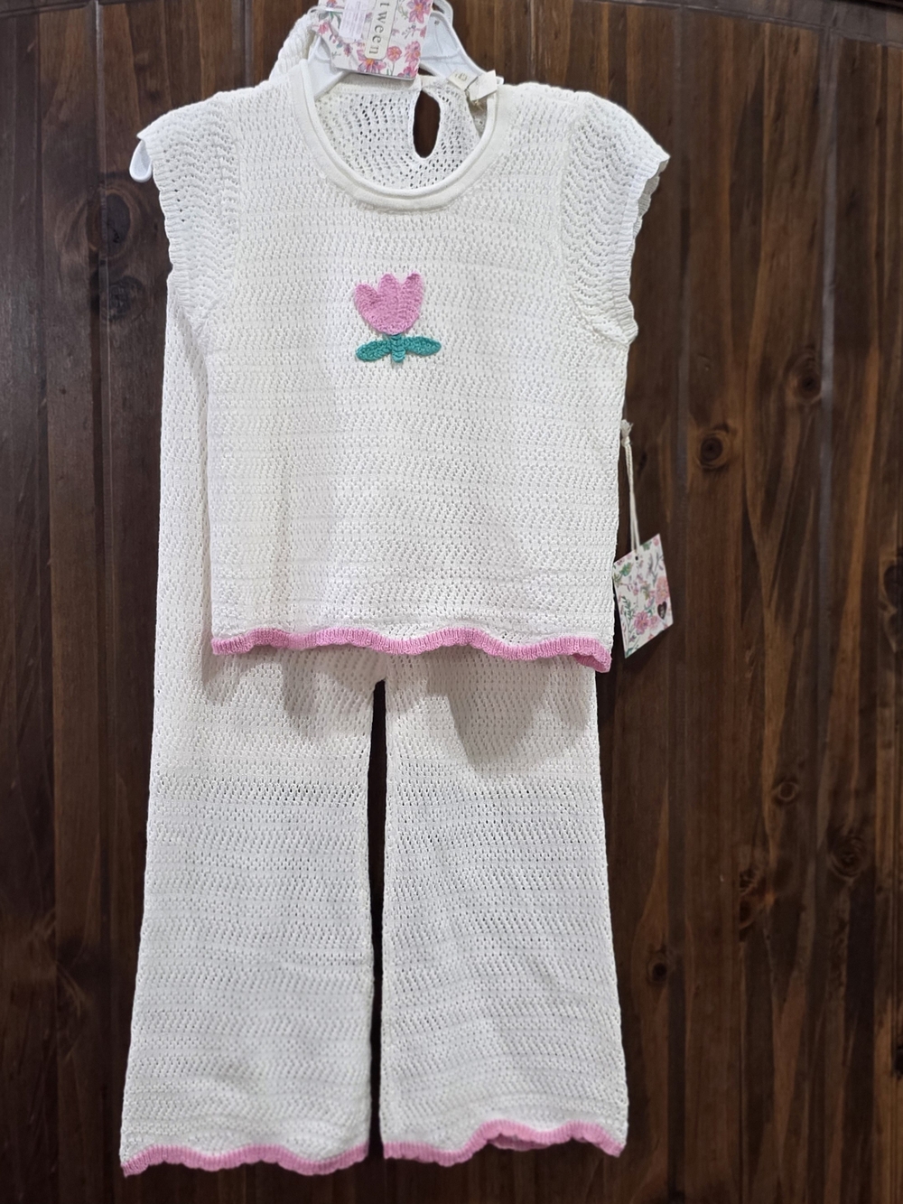 btween Cream Knit Pajama Set with Pink Trim and Green Flower